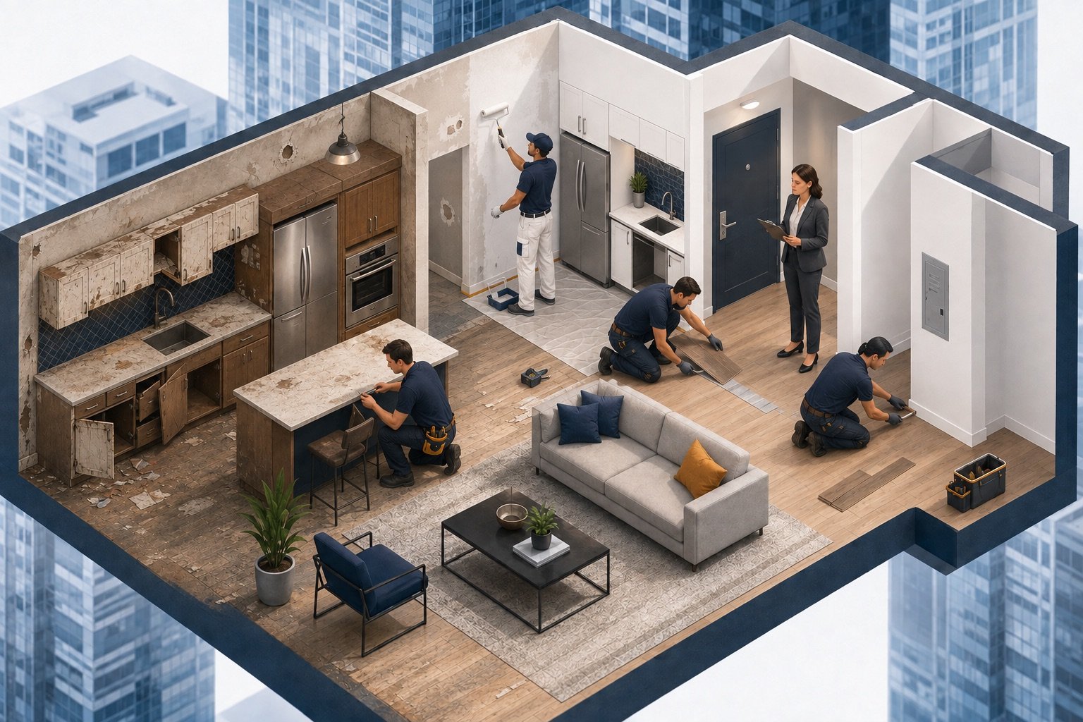 Cross-section illustration of a damaged apartment being restored into a rent-ready suite